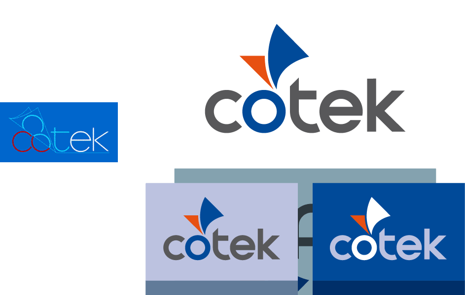 Cotek logo on three backgrounds plus the 'before' version