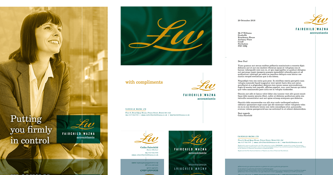 Branding exercise for an accountancy firm, showing its application to stationery and a brochure cover