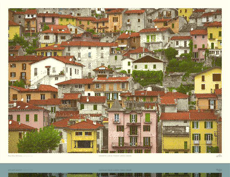 Art print of an Italian hillside village with an arrangement of buildings with terracotta rooves.