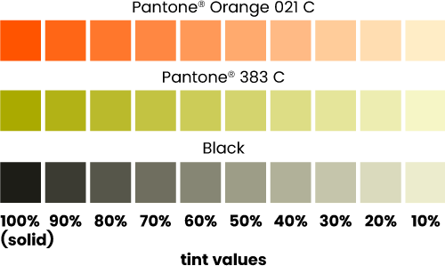 Colour tints - shows some percentage colour tints from 10% to 100%, in 10% increments
