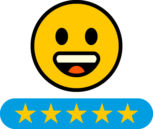 A happy smiley emoji with a five star rating underneath