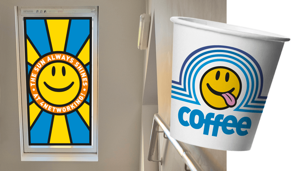 Stained glass window effect and coffee cup graphics featuring the 4Networking smiley