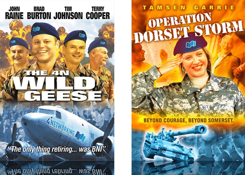Spoof action film posters for The 4N Wild Geese and Operation Dorset Storm