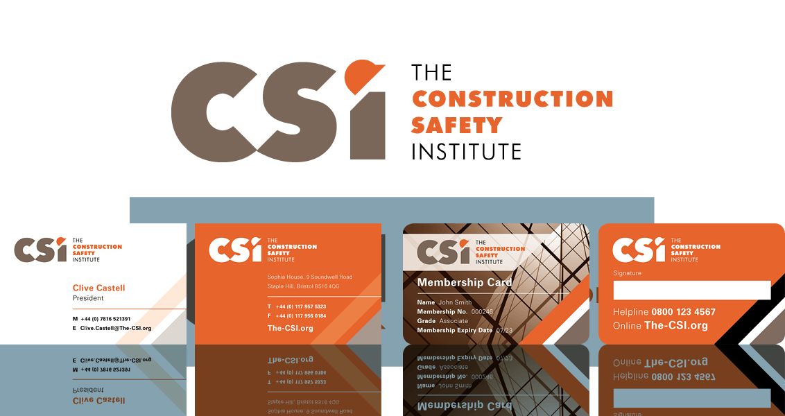 The Construction Safety Institute identity showing logo, business card and membership card