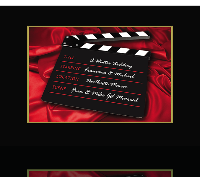 Wedding invitation design with a movie clapperboard theme