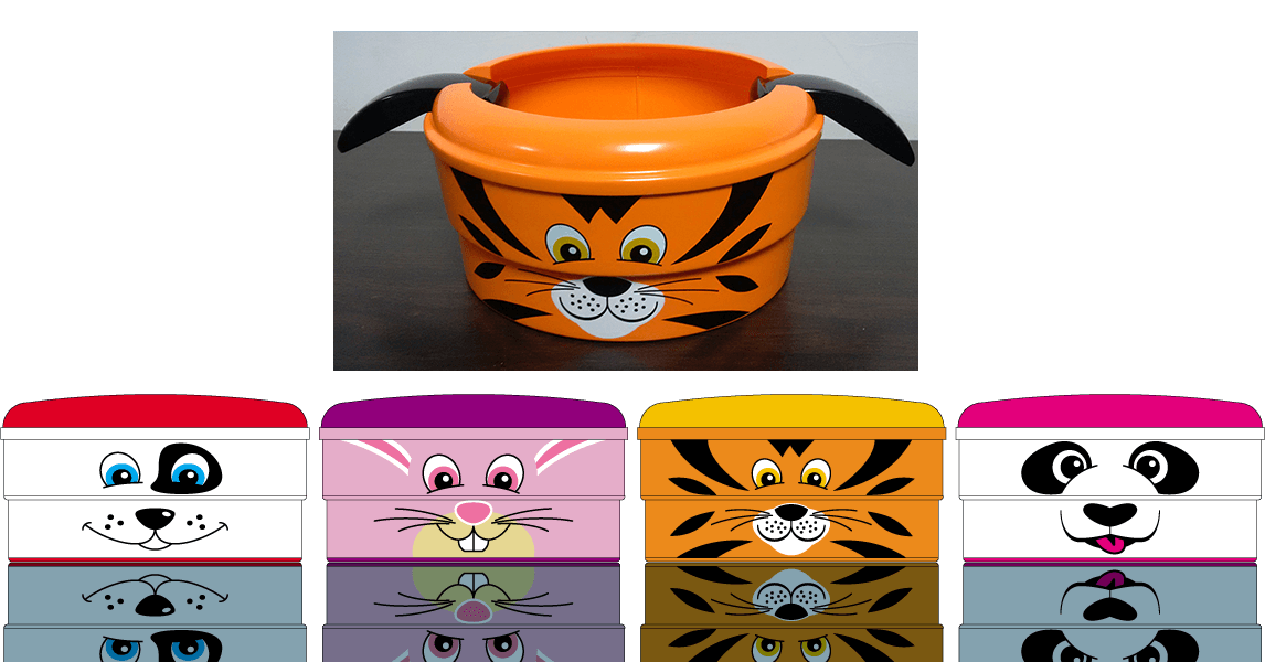 Character face artwork for a dog and a tiger applied to sick container products