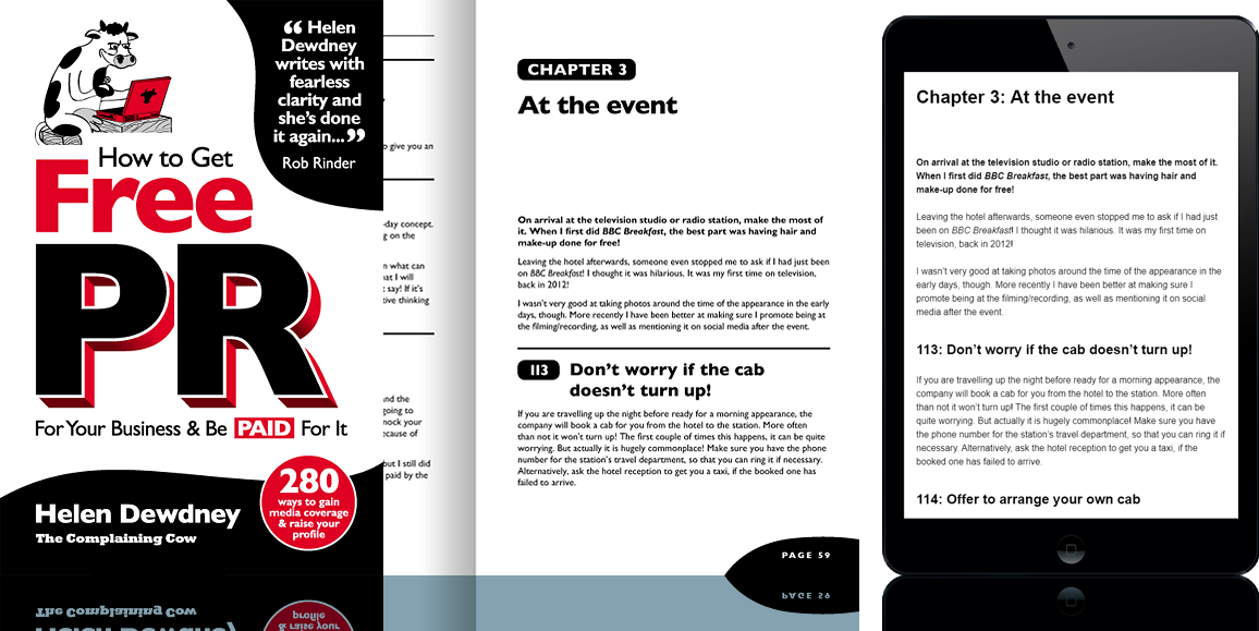 “How to Get Free PR” book cover, interior spread and e-book