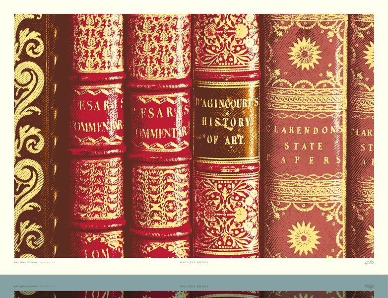 Art print of a row of decorative antique book covers on an ornate bookshelf, in red, brown and gold.