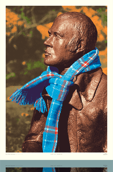 Art print of a statue of Robert Burns with a colourful check scarf wrapped around.