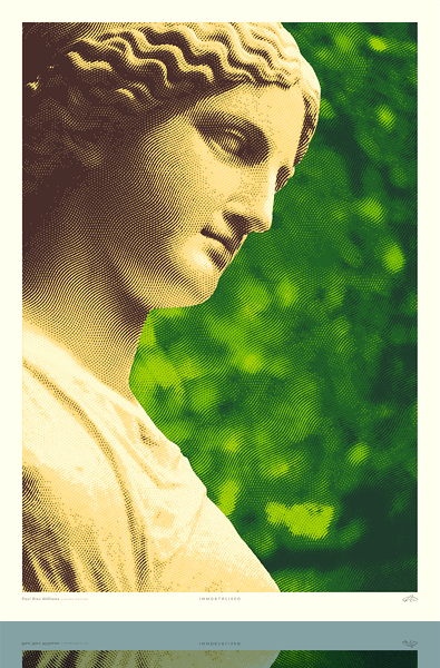 Art print of a classical statue close-up with a green leafy background.