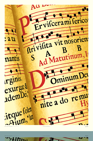 Art print of a musical manuscript for plainsong in black and red.