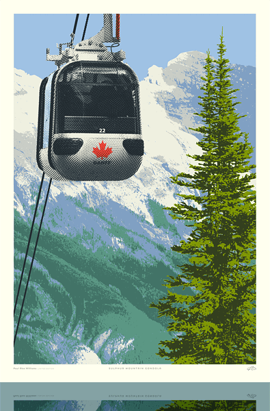 Art print of a modern gondola cabin moving across a spectacular Canadian mountain scene.