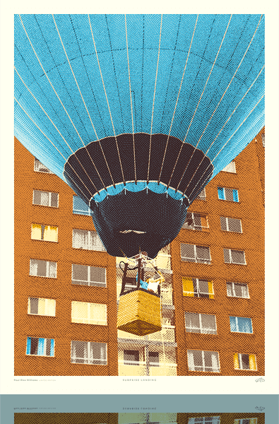 Art print of a blue hot-air balloon landing in front of a red-brick high-rise block of flats.