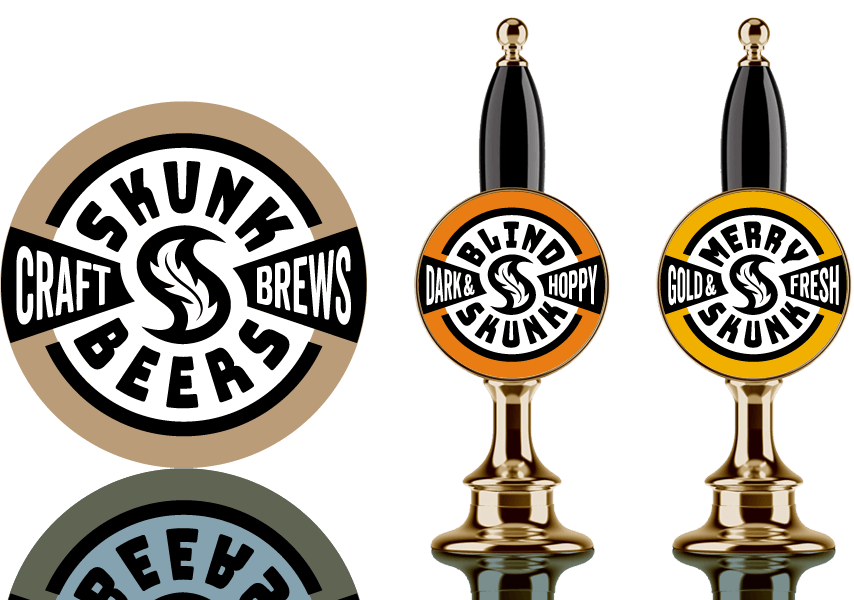 Skunk Beers branding showing branded bar taps and beermat