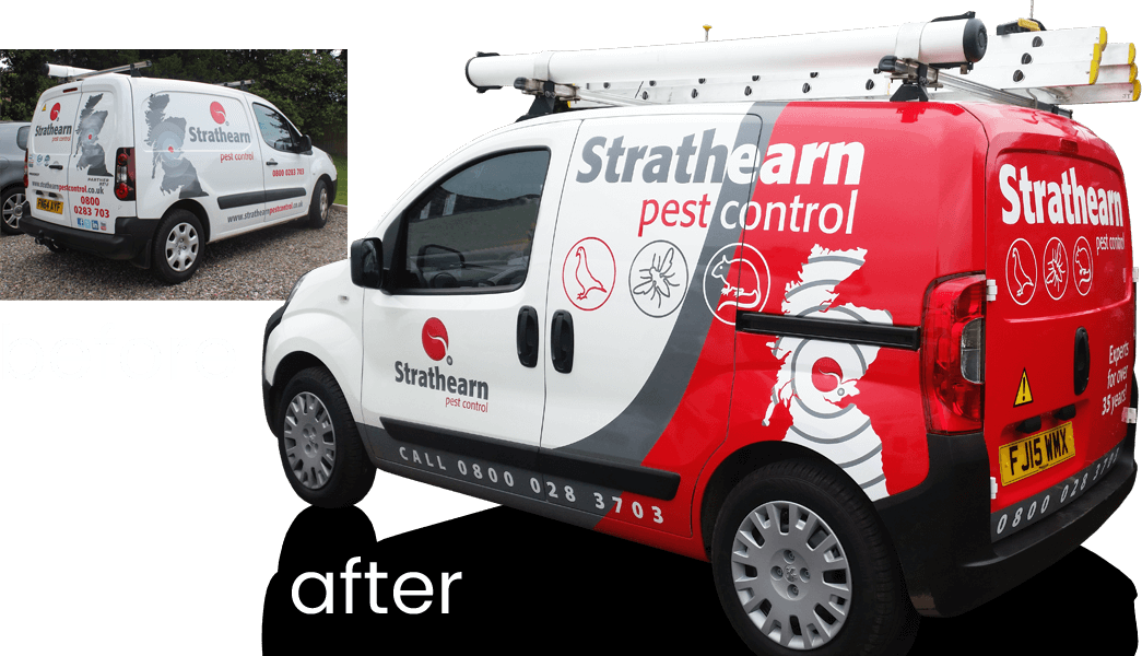 Van livery for Strathearn Pest Control showing before and after